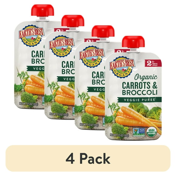 (4 pack) Earth's Best Organic Stage 2 Baby Food, Carrots Broccoli Veggie Puree, 3.5 oz Pouch