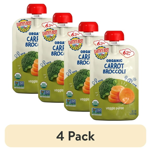 (4 pack) Earth's Best Organic Stage 2 Baby Food, Carrots Broccoli Veggie Puree, 3.5 oz Pouch