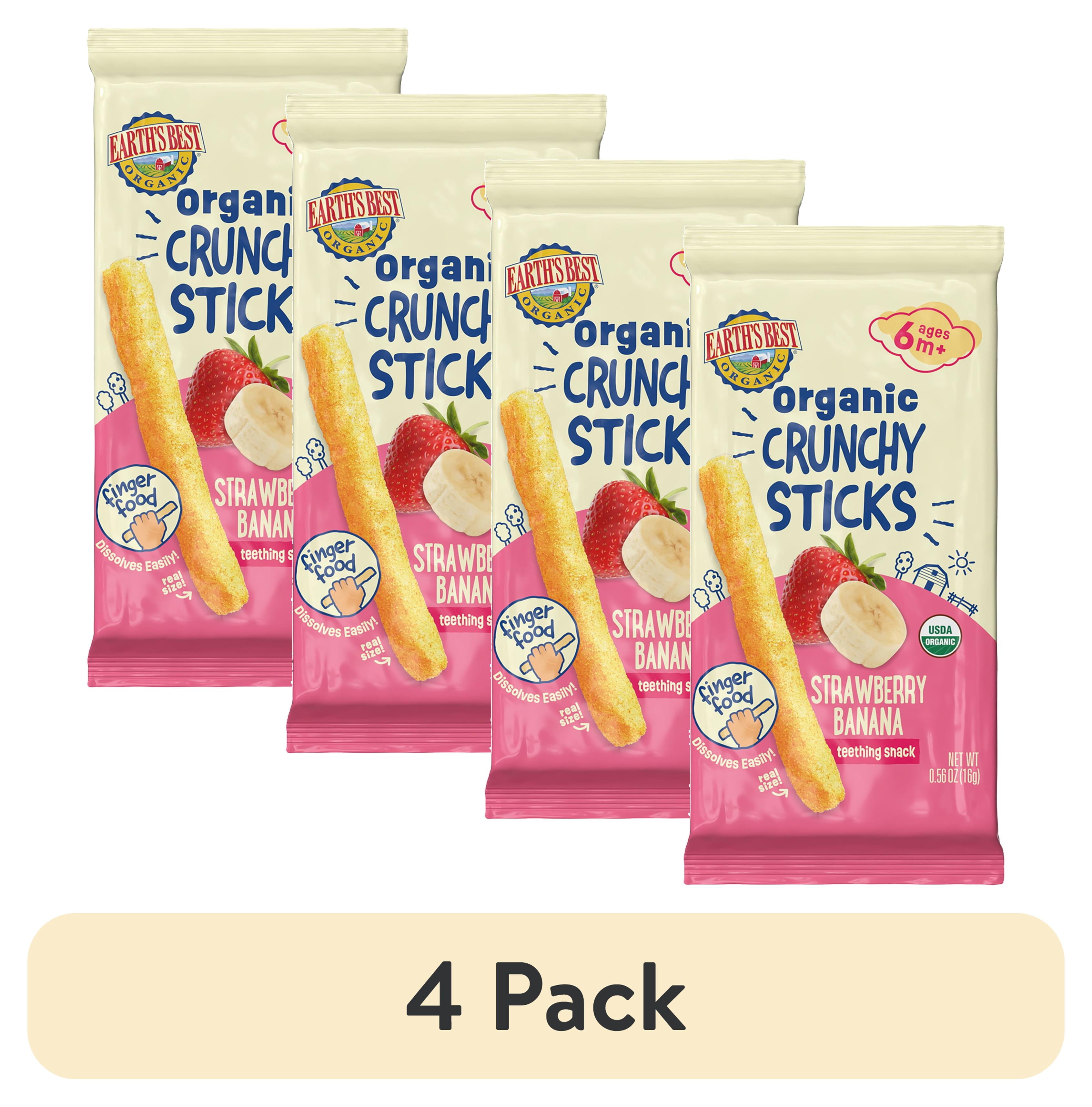 (4 pack) Earth's Best Organic Teething Crunchy Sticks Strawberry Banana Puffed Baby Snack, 0.56 oz Bag