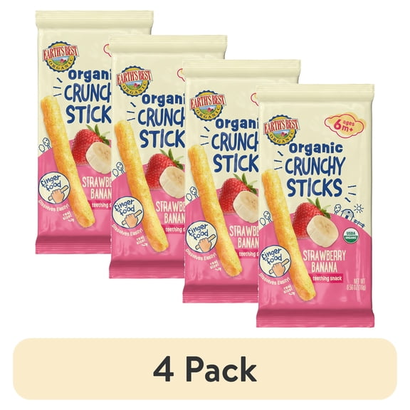 (4 pack) Earth's Best Organic Teething Crunchy Sticks Strawberry Banana Puffed Baby Snack, 0.56 oz Bag