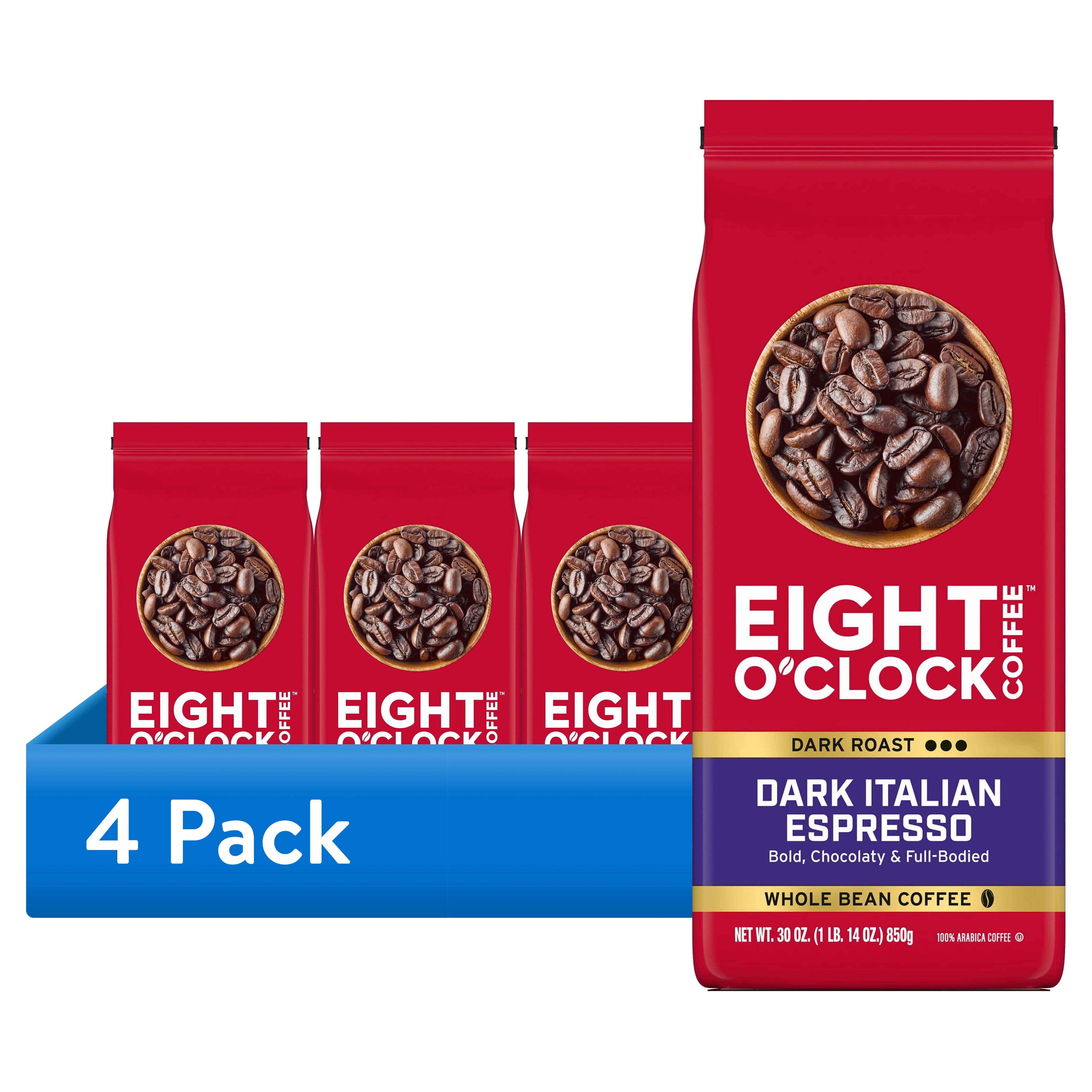 (4 pack) Eight O'Clock Dark Italian Espresso, Dark Roast, Whole Bean Coffee 30oz