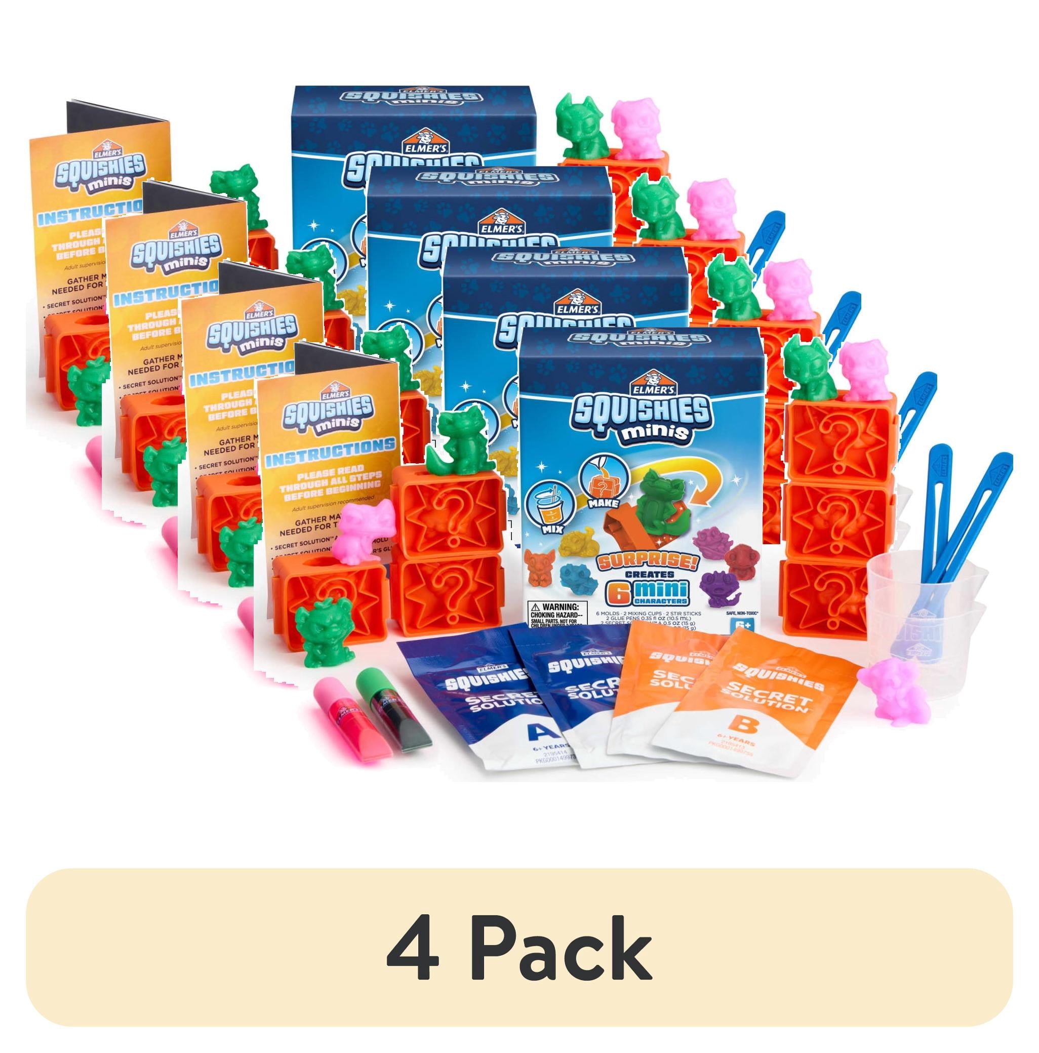 (4 pack) Elmer's Squishies Minis, DIY Miniature Squishy Toys, Arts and Crafts for Kids, Creates 6 Zoo Characters