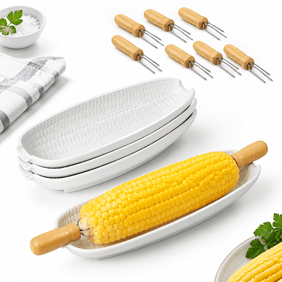 4-pack Embossed Ceramic Corn Dishes Set with 8 Wooden Cob Holders
