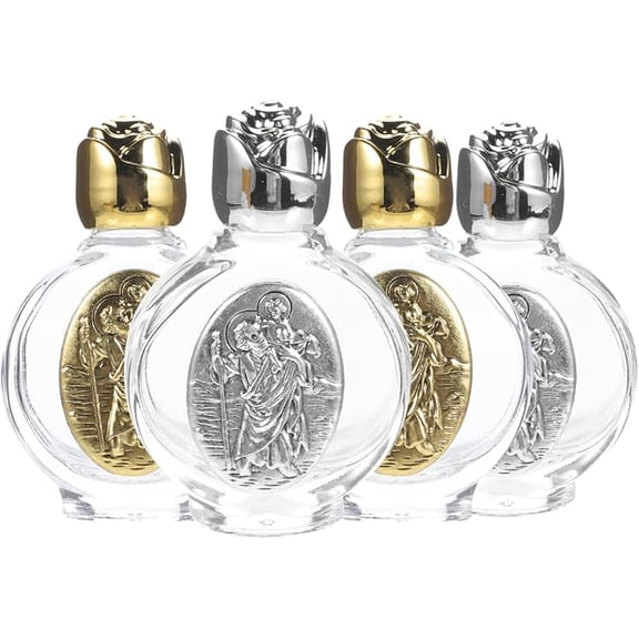 4 pack Embossed Glass Holy Water Flask Empty Small Bottles for Church Use Baptism Travel Carry Refillable Decorative Bottles 2.67 X 1.65 X 0.78 in