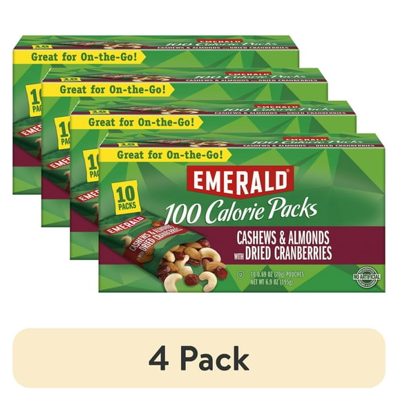 (4 pack) Emerald Nuts Cashews & Almonds with Dried Cranberries, 100 Calorie Packs, 10 Ct