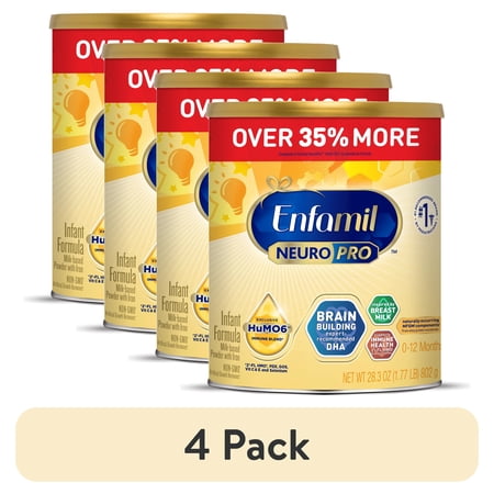 (4 pack) Enfamil NeuroPro Baby Formula, Brain Building Duo DHA & MFGM, Infant Formula Powder, 28.3 oz Can