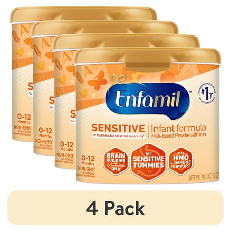 (4 pack) Enfamil Sensitive Baby Formula with DHA, Iron & Prebiotics to help support Brain & Immune Support. Lactose Sensitivity Infant Formula Inspired by Breast Milk, Non-GMO, Powder Can, 19.5 Oz