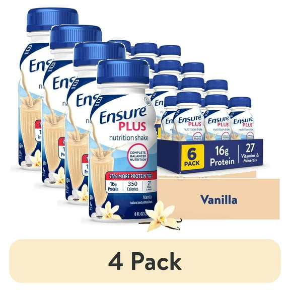 (4 pack) Ensure Plus Meal Replacement Nutrition Shake, Vanilla, 16g Protein, 8 fl oz - 6 Pack