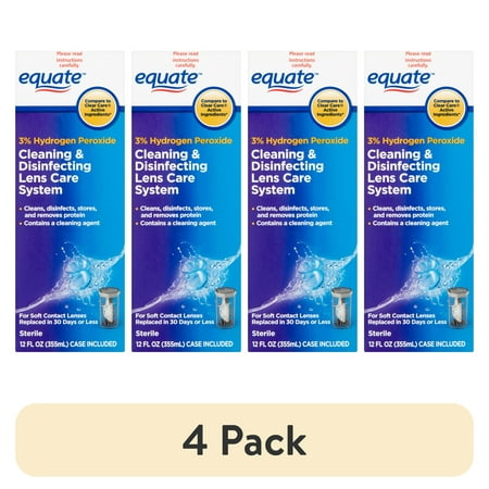 (4 pack) Equate 3% Hydrogen Peroxide Cleaning & Disinfecting Lens Care System, 12 fl oz