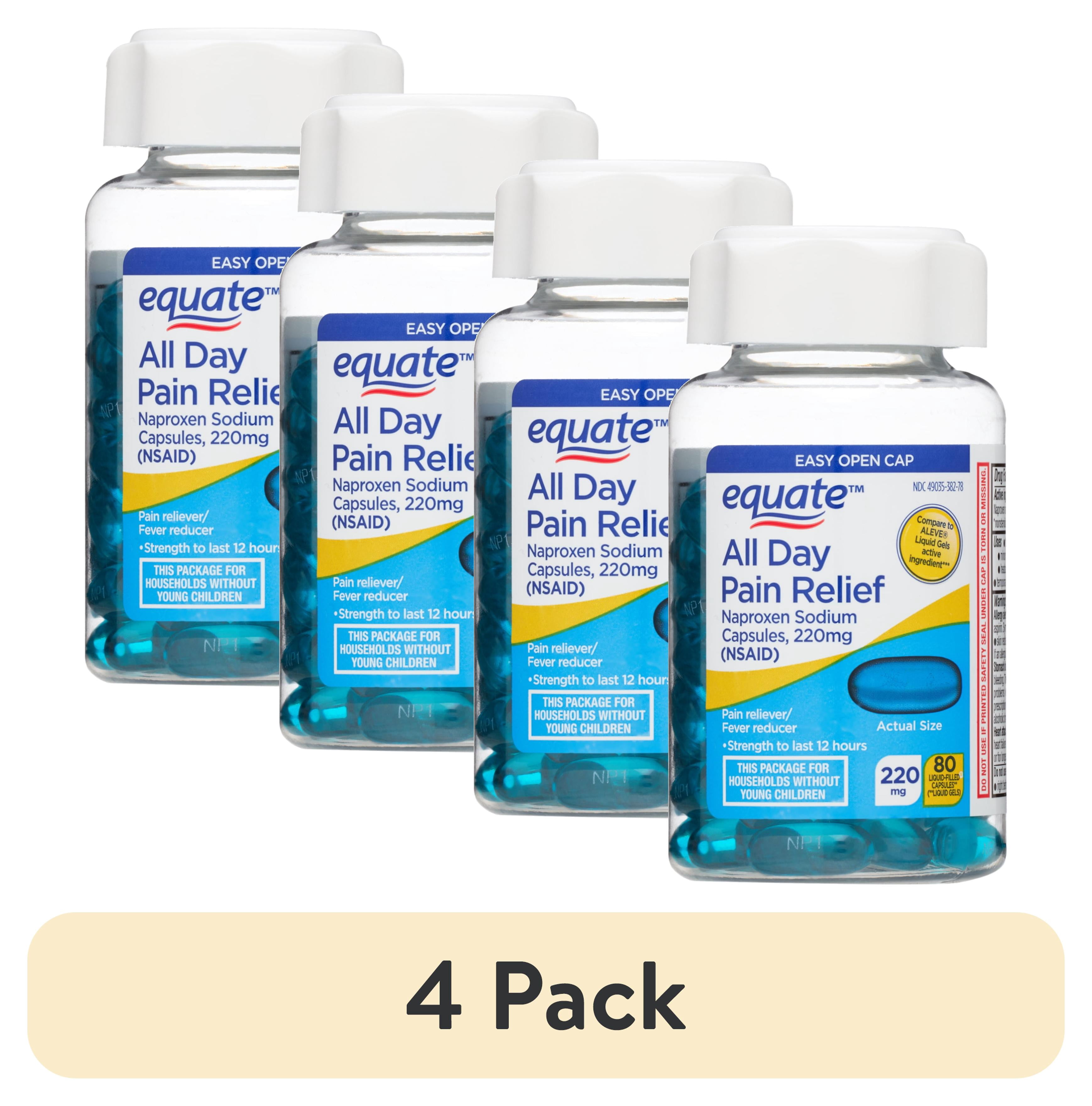 (4 pack) Equate All Day Pain Relief Naproxen Sodium Liquid Gels, 220 mg, 80 Count, Easy Open Cap, Compare to ALEVE® Liquid Gels Active Ingredient