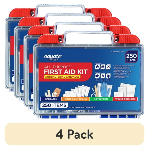 (4 pack) Equate All-Purpose First Aid Kit with Antibacterial Bandages, 250 Items
