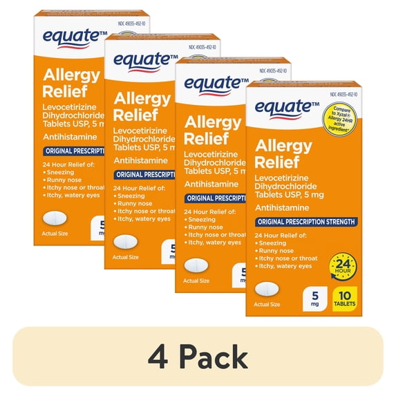 (4 pack) Equate Allergy Relief Tablets, Levocetirizine Dihydrochloride ...