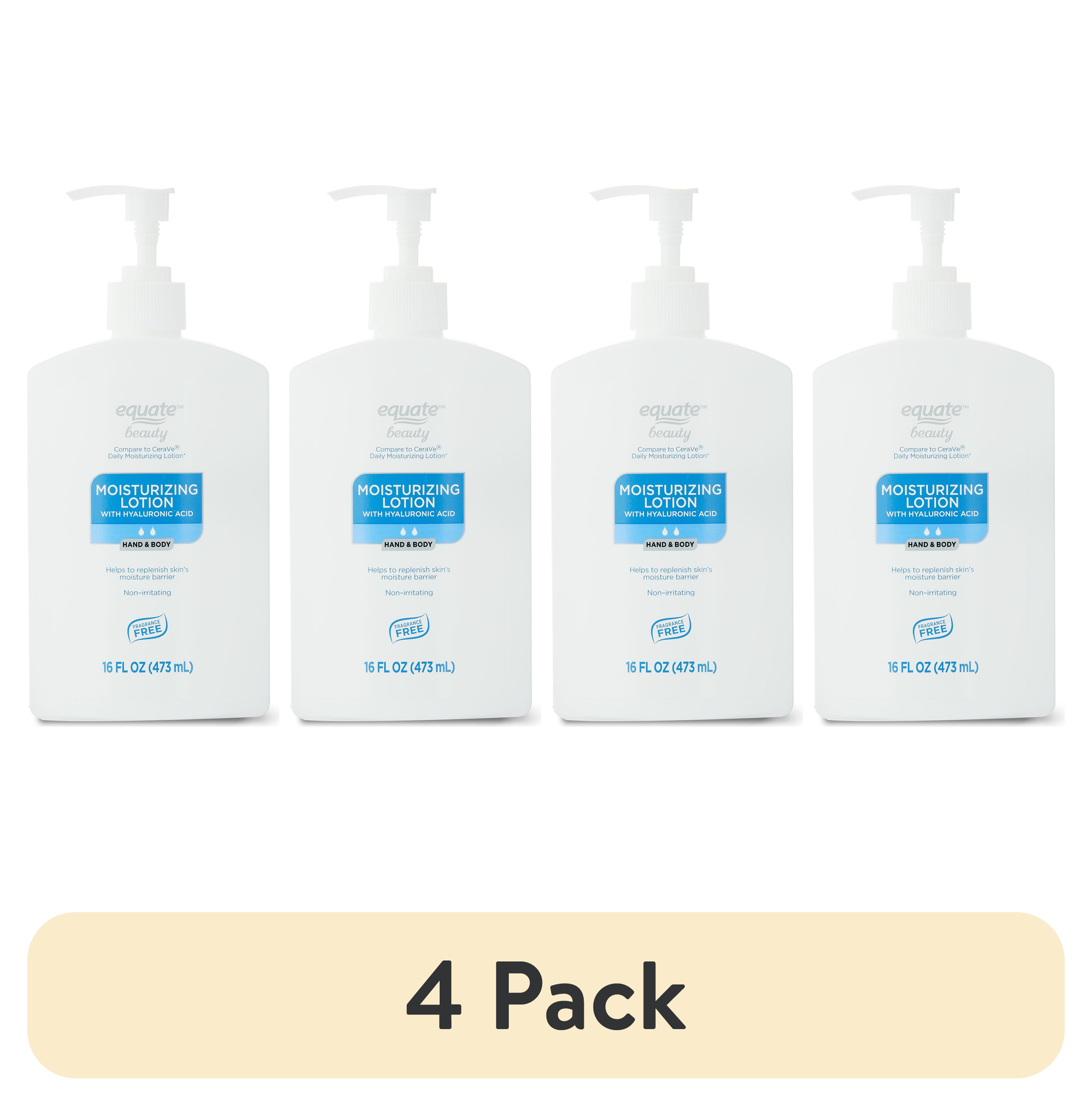 (4 pack) Equate Moisturizing Lotion with Hyaluronic Acid, 16 fl oz, Compare to CeraVe Daily Moisturizing Lotion