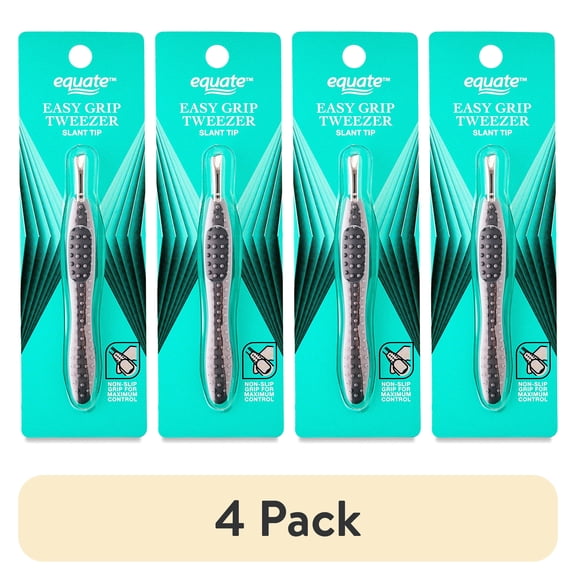 (4 pack) Equate Stainless Steel Easy-Grip Slant-Tip Tweezers, 1 Count