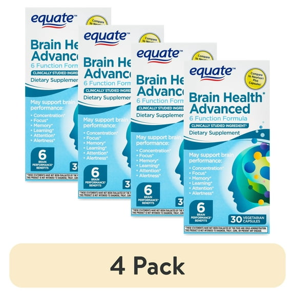 (4 pack) Equate Brain Health Advanced 6 Function Formula Dietary Supplement Capsules, 30 Count, Compare to Neuriva Plus Capsules