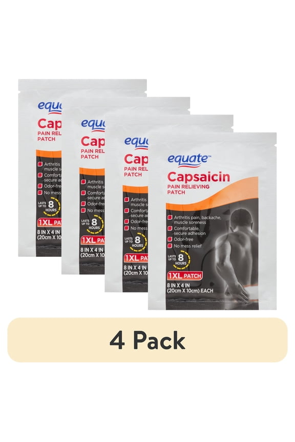 (4 pack) Equate Capsaicin Pain Relieving Patch XL, 8x4 inches, 1 Count