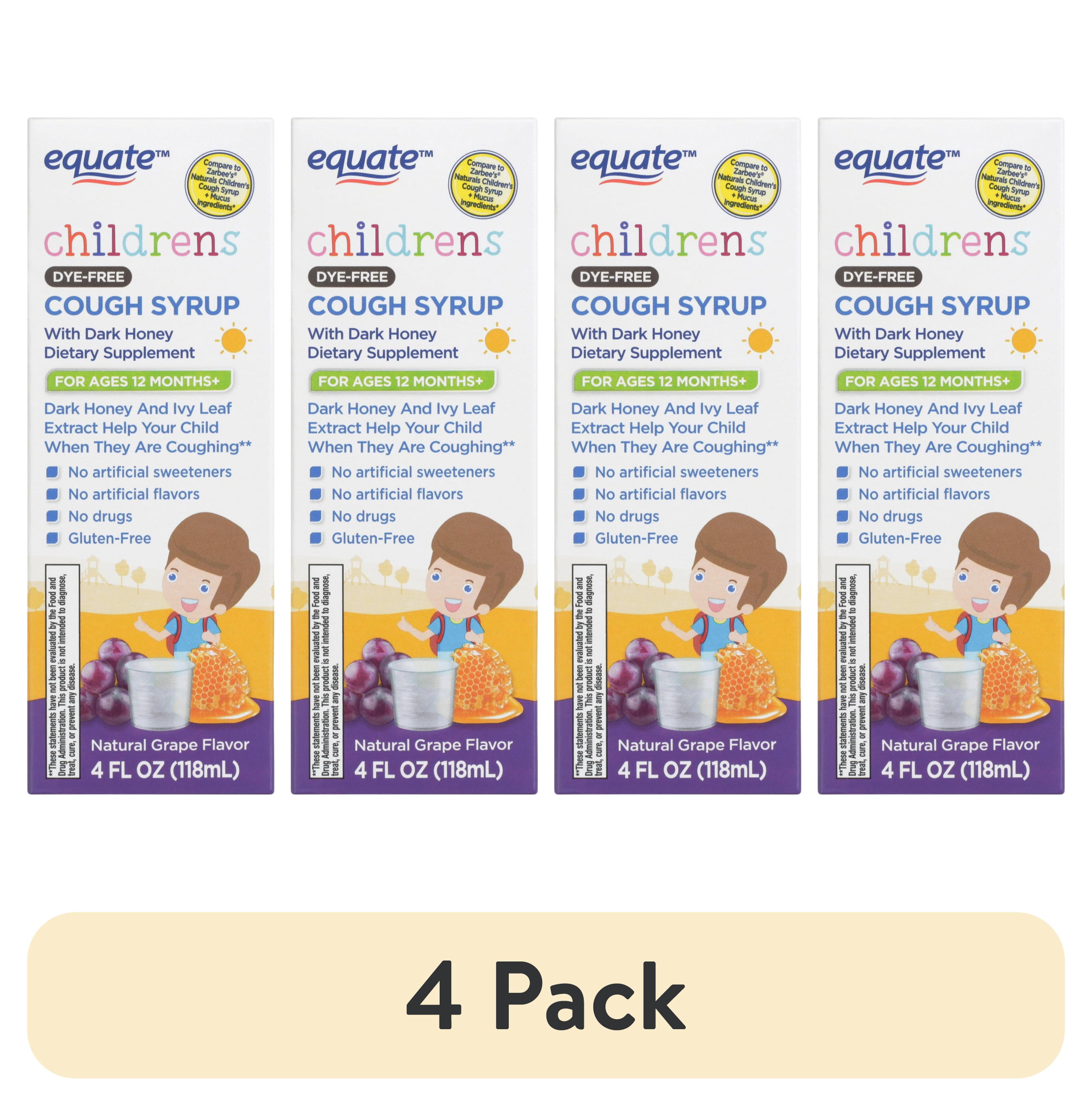 (4 pack) Equate Children's Dark Honey and Ivy Leaf Extract Cough Syrup Dietary Supplement Liquid, Natural Grape Flavor, 4 fl oz