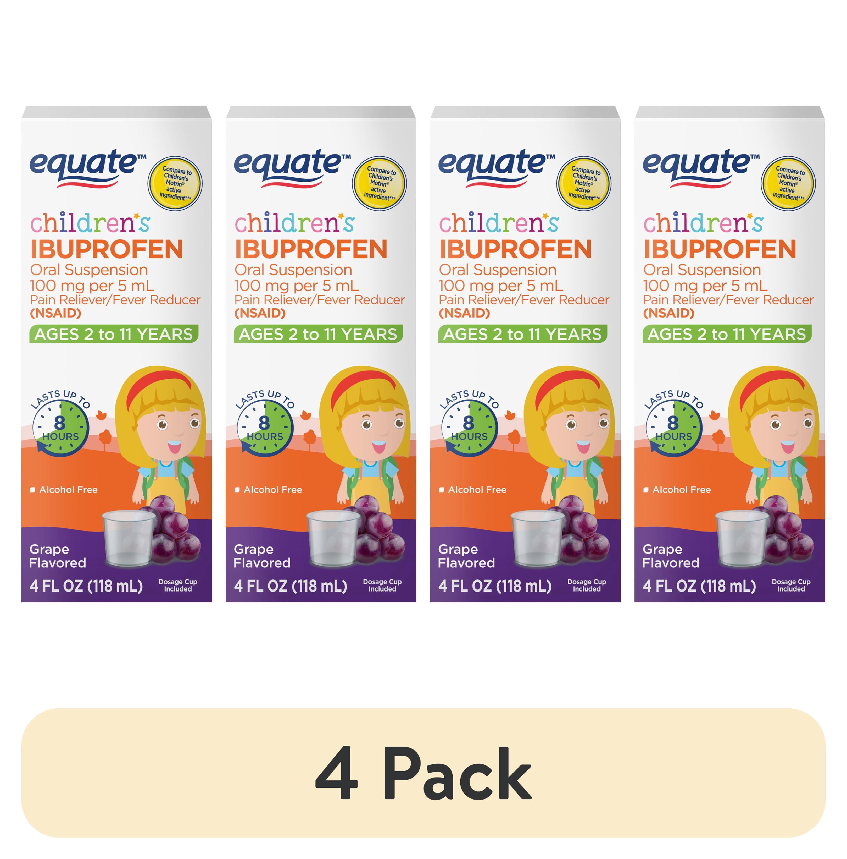 (4 pack) Equate Children's Pain Reliever/Fever Reducer Ibuprofen Oral Suspension, Grape Flavor, 100 mg, 4 fl oz