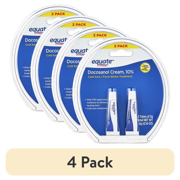 (4 pack) Equate Cold Sore and Fever Blister Treatment Docosanol 10% Cream, 0.14oz, 2 Count