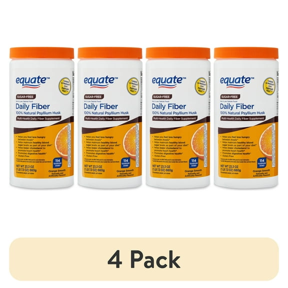(4 pack) Equate Daily Fiber Supplement, Psyllium Husk Fiber Orange Powder, Sugar-Free 114 Doses