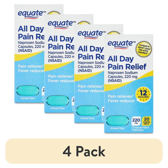 (4 pack) Equate, All Day Aleve® Naproxen Sodium, Pain Relief, Fever Reducer Capsules for Arthritis, Cold, Body Aches & Pains, Muscle Relief with 20 Capsules, 220 mg, 20 Count