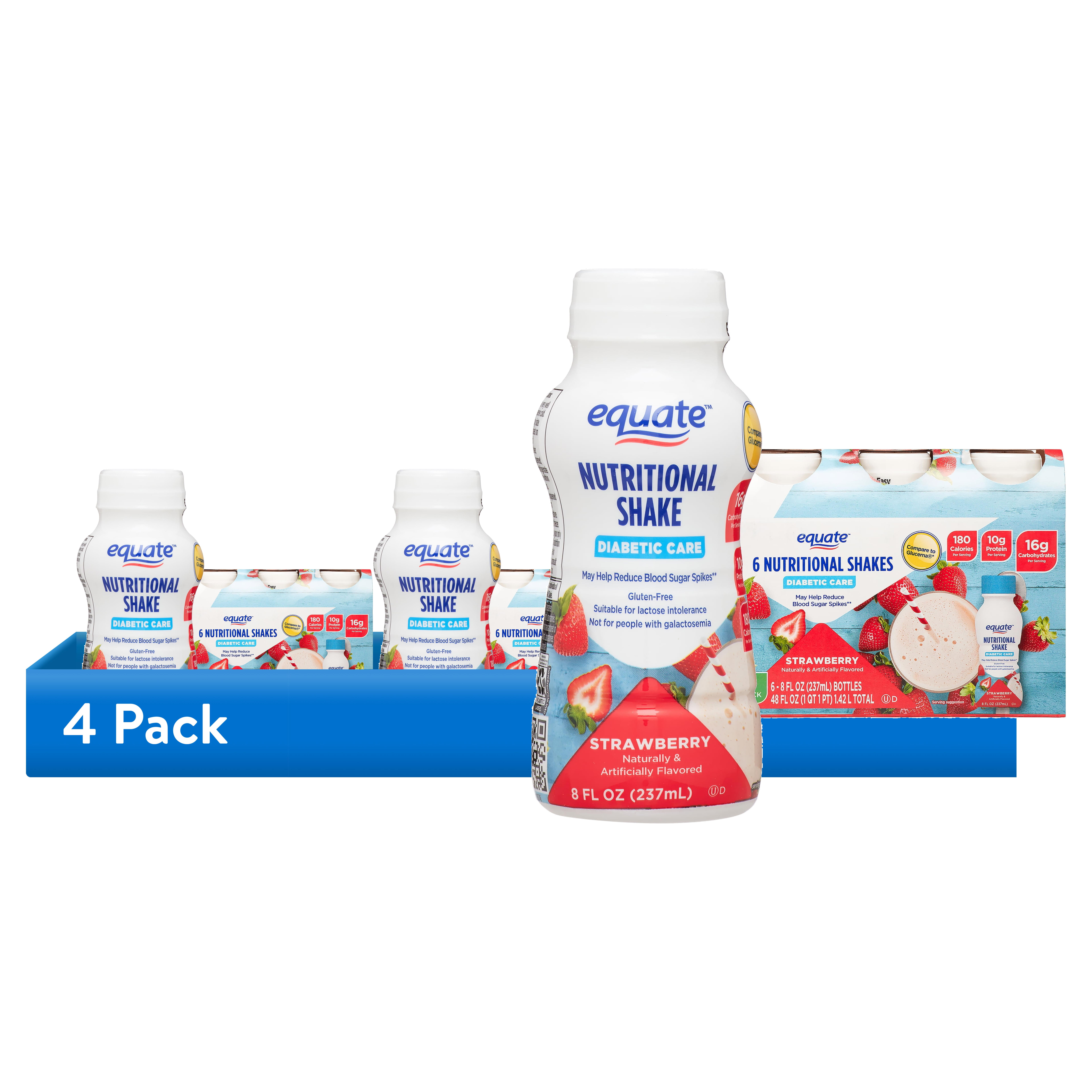 (4 pack) Equate Diabetic Care Nutritional Shakes, Strawberry, 8 fl oz, 6 Count Compare to Glucerna Strawberry