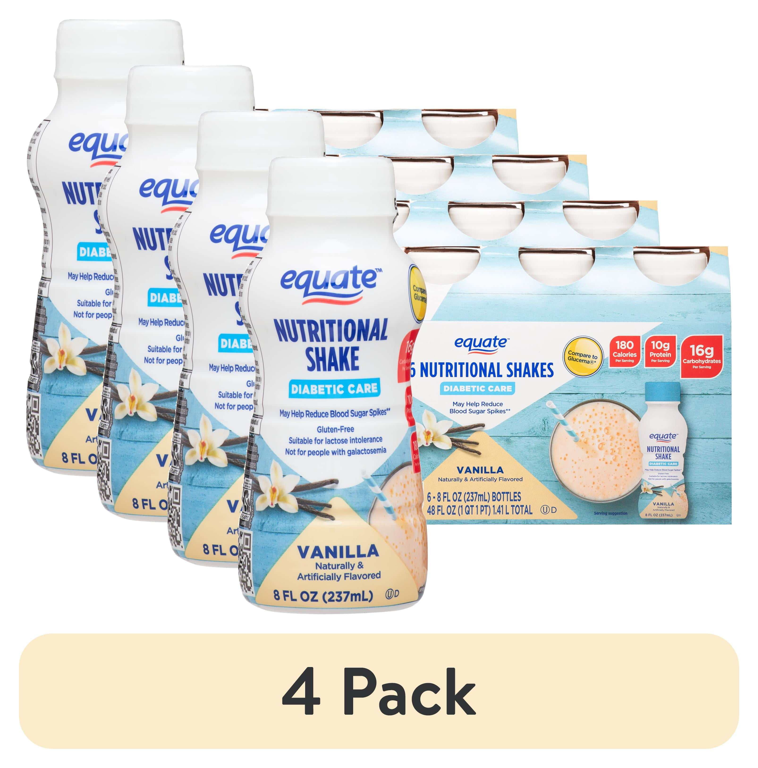 (4 pack) Equate Diabetic Care Nutritional Shakes, Vanilla, 8 fl oz, 6 Count Compare to Glucerna Vanilla