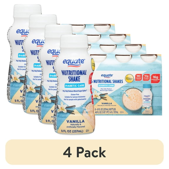 (4 pack) Equate Diabetic Care Nutritional Shakes, Vanilla, 8 fl oz, 6 Count Compare to Glucerna Vanilla