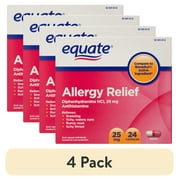 (4 pack) Equate Allergy Relief Diphenhydramine HCl 25mg Antihistamine Capsules, 24 Count, Compare to Benadryl® Active Ingredient