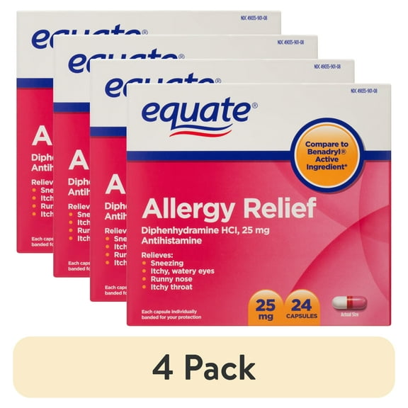 (4 pack) Equate Allergy Relief Diphenhydramine HCl 25mg Antihistamine Capsules, 24 Count, Compare to Benadryl Active Ingredient