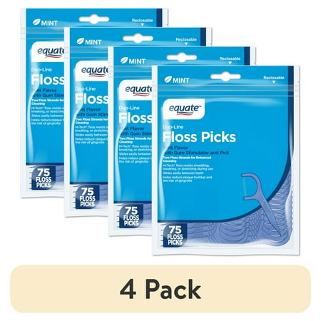 (300 pack) Equate Duo Line Floss Picks, Mint, 75 Count