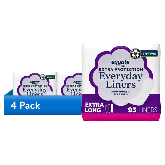 (4 pack) Equate Extra Protection Everyday Panty Liners, Extra Long Length, Unscented, Compare to Carefree® (93 Count)