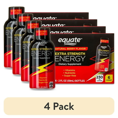 (4 pack) Equate Extra Strength Energy Dietary Supplement, Caffeine 230mg, Berry Flavor, 6 Pack