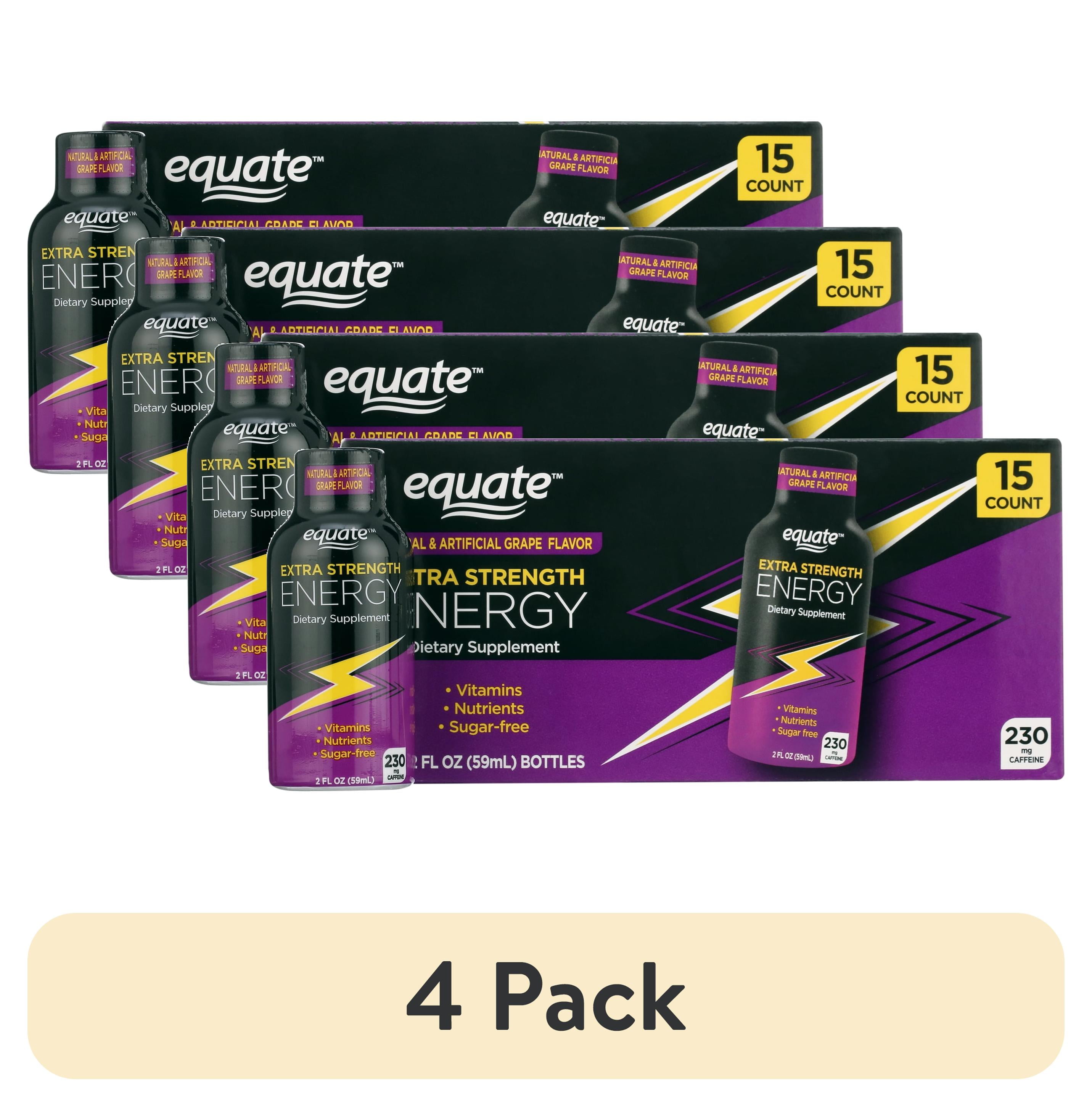 (4 pack) Equate Extra Strength Energy Dietary Supplement, Caffeine 230mg, Grape Flavor, 15 Pack