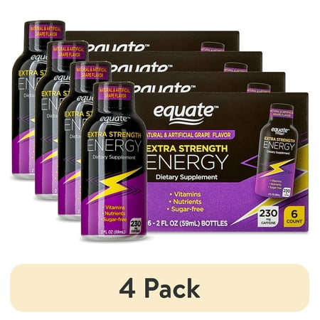 (4 pack) Equate Extra Strength Energy Dietary Supplement, Caffeine 230mg, Grape Flavor, 6 Pack
