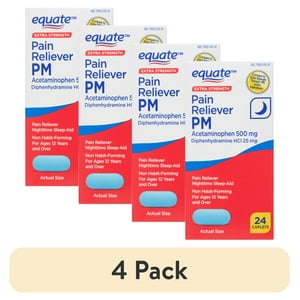 (Paquete de 4) Equate Extra Strength Tylenol PM Comparar: Acetaminofén 500mg/Difenhidramina 25mg, 24 unidades