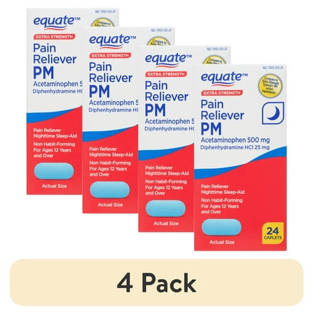 (4 pack) Equate Extra Strength Tylenol PM Compare: Acetaminophen 500mg/Diphenhydramine 25mg, 24 Count
