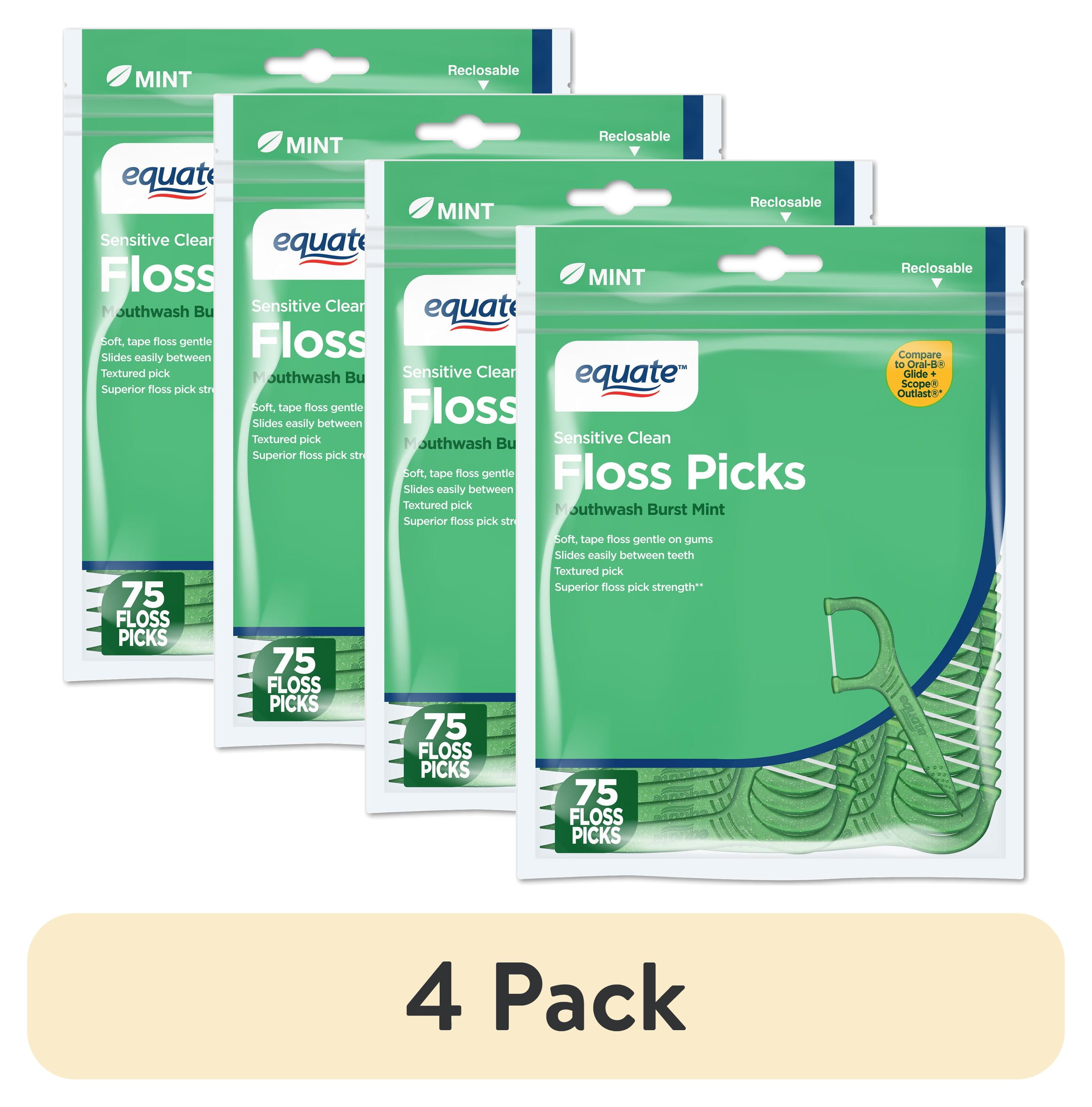(4 pack) Equate Floss Picks, Clean Mint Flavor (75 Count), Compare to Oral-B Glide + Scope Outlast
