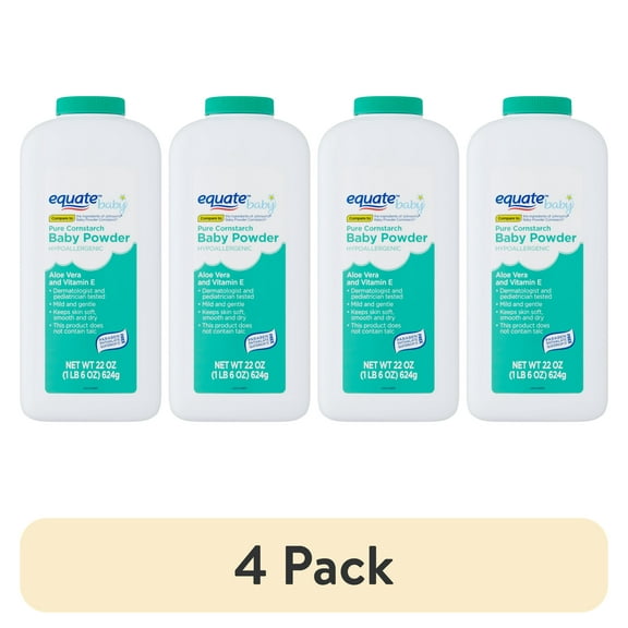 (4 pack) Equate Baby Pure Cornstarch Baby Powder with Aloe and Vitamin E, 22 oz
