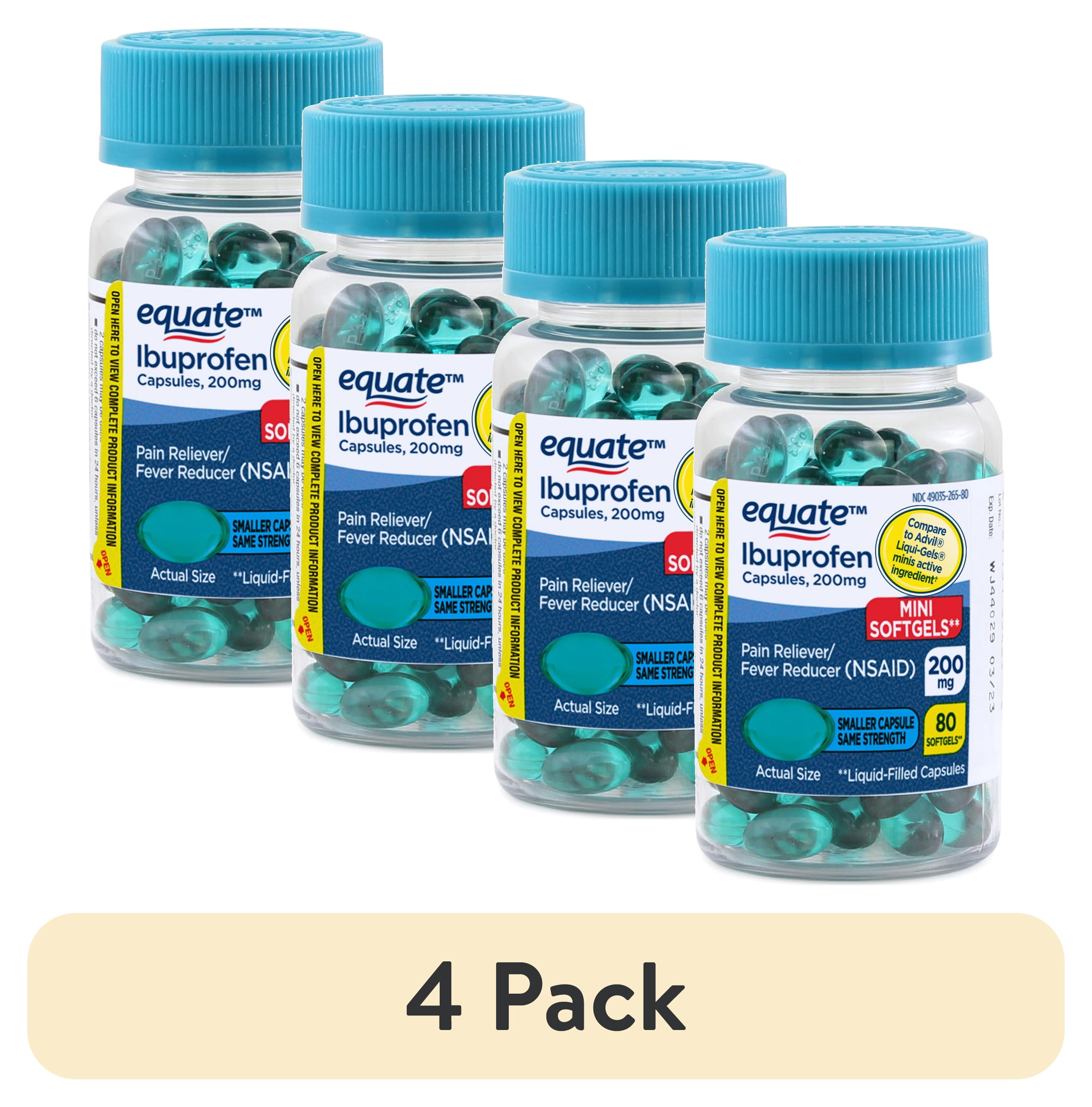 (4 pack) Equate Ibuprofen Mini Liquid Filled Softgel Capsules, 200 mg ...