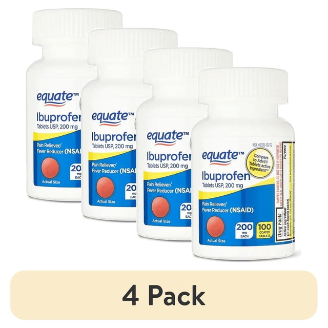 (4 pack) Equate Ibuprofen Tablets, 200 mg, Pain Reliever and Fever ...