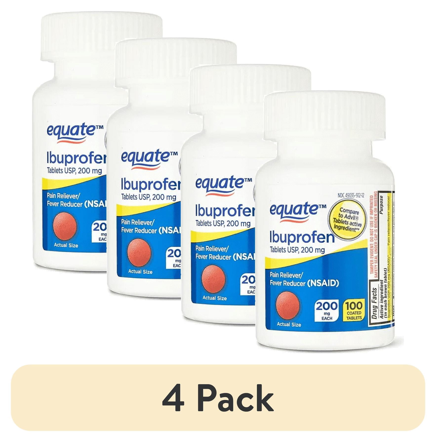 (4 pack) Equate Ibuprofen Tablets, 200 mg, Pain Reliever and Fever Reducer, 100 Count, Compare to AdvilÂ® Tablets Active Ingredient