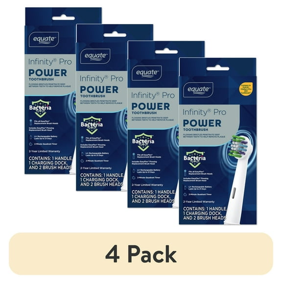 (4 pack) Equate Infinity Pro Rechargeable Bacteria Defense Toothbrush, 1 Handle, 2 Brush Heads