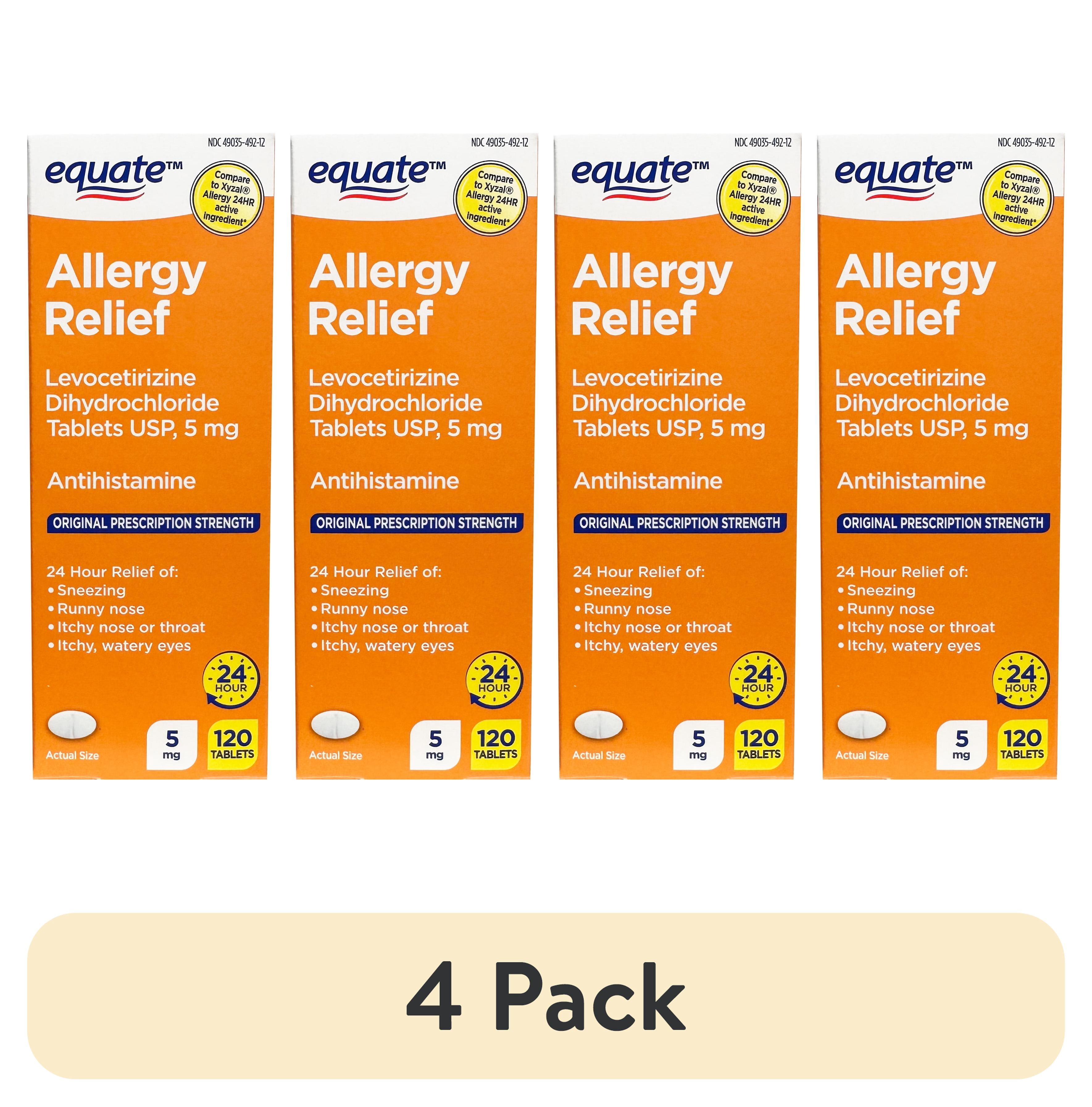 (4 pack) Equate Levocetirizine Dihydrochloride USP Allergy Relief Tablets, 5 mg, 120 Count