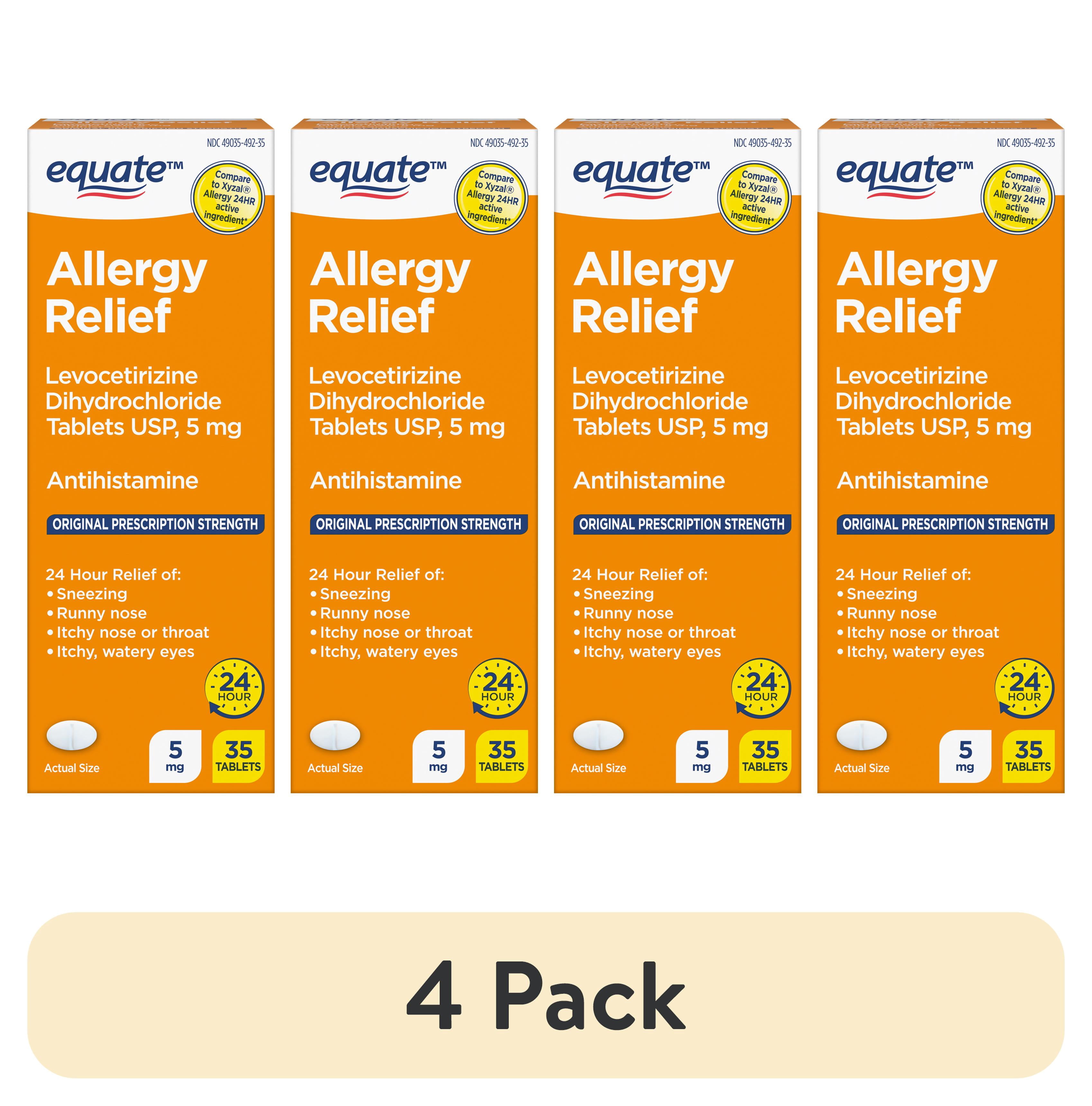 (4 pack) Equate Levocetirizine Dihydrochloride USP Allergy Relief Tablets, 5 mg, 35 Count Compare to Xyzal® Allergy 24HR Active Ingredient