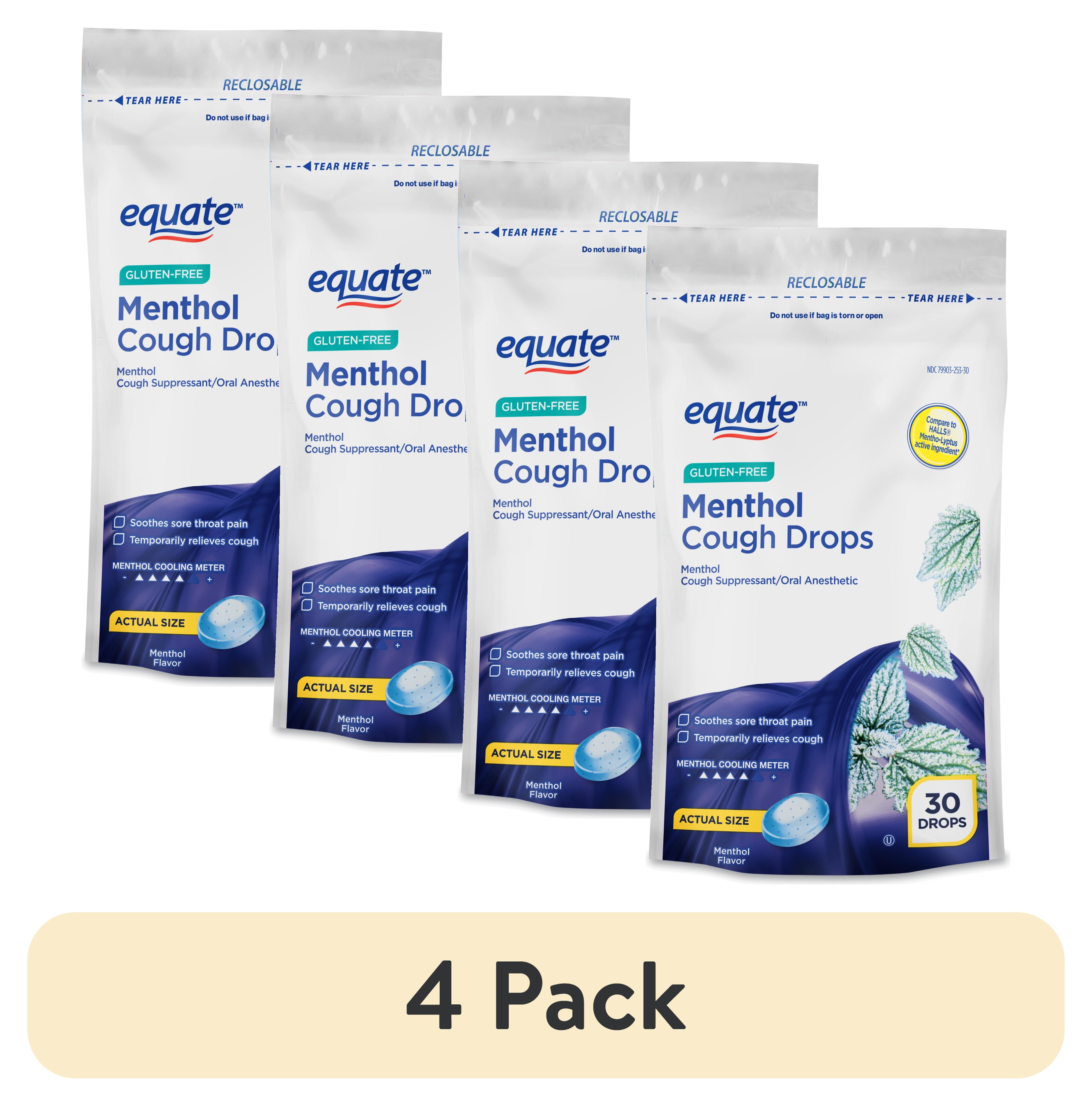 (4 pack) Equate Gluten-Free Menthol Cough Drops, Menthol Flavor, 30 Count, Compare to HALLS MenthoLyptus Active Ingredient