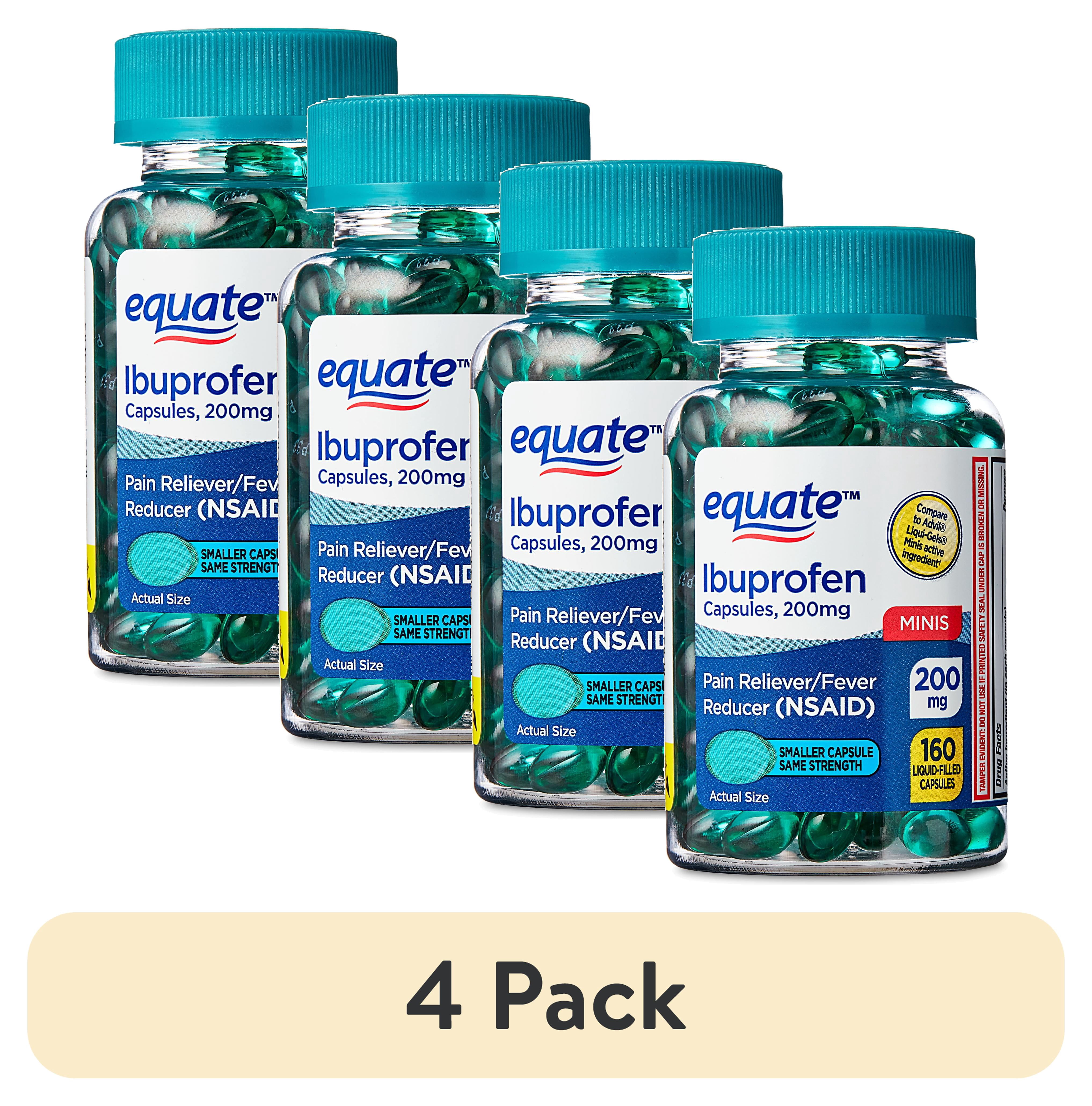 (4 pack) Equate Ibuprofen Mini Liquid Filled Softgel Capsules, 200 mg, Pain Relief & Fever Reducer, 160 Count, Compare to AdvilÂ® LIQUI-GELS Minis Active Ingredient