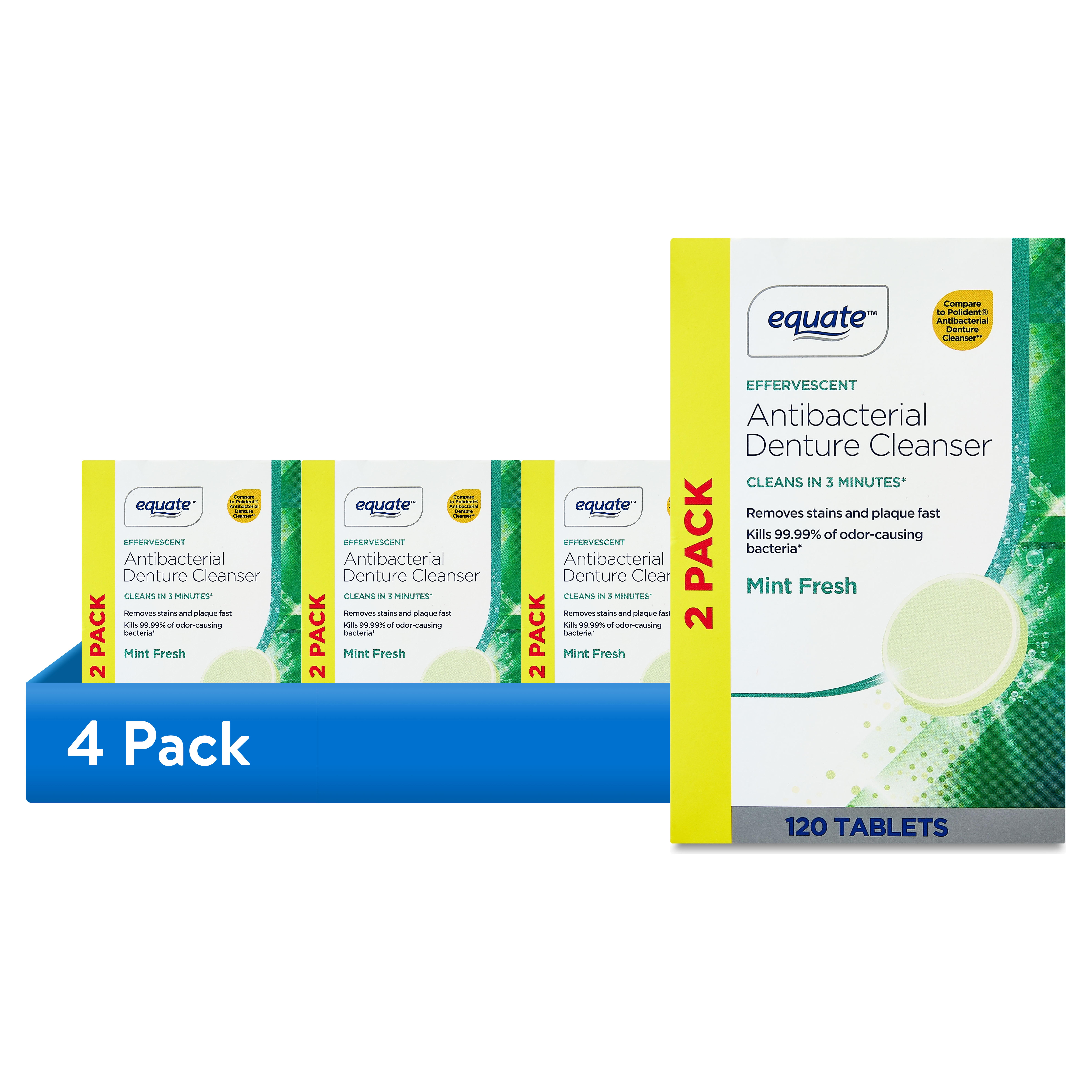 (4 pack) Equate Effervescent Antibacterial Denture Cleanser Tablets, Mint Fresh, 120 Count, 2 Pack