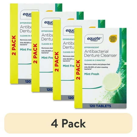 (4 pack) Equate Effervescent Antibacterial Denture Cleanser Tablets, Mint Fresh, 120 Count, 2 Pack