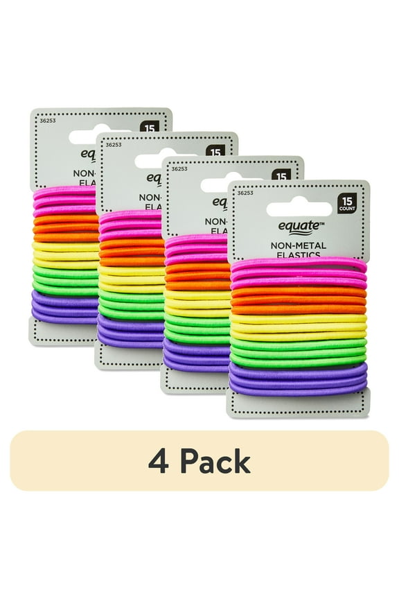 (4 pack) Equate Non-Metal Hair Elastics, Assorted Colors, for Ponytails, Braids, or Buns, Color May Vary, 15 Count